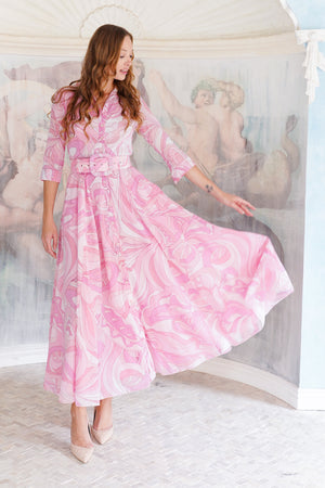 Aster Dress Shirt Collar 3/4 Sleeve Maxi Length Cotton Musola (Pucciesque Graphic)