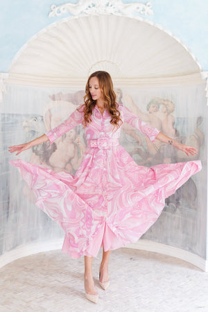 Aster Dress Shirt Collar 3/4 Sleeve Maxi Length Cotton Musola (Pucciesque Graphic)