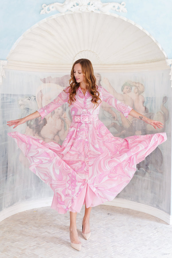 Aster Dress Shirt Collar 3/4 Sleeve Maxi Length Cotton Musola (Pucciesque Graphic)