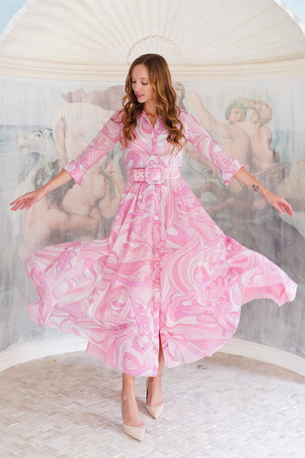 Aster Dress Shirt Collar 3/4 Sleeve Maxi Length Cotton Musola (Pucciesque Graphic)