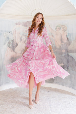 Aster Dress Shirt Collar 3/4 Sleeve Maxi Length Cotton Musola (Pucciesque Graphic)