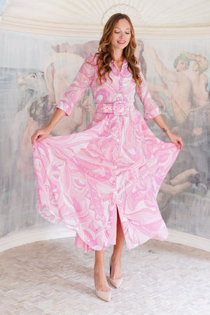 Aster Dress Shirt Collar 3/4 Sleeve Maxi Length Cotton Musola (Pucciesque Graphic)