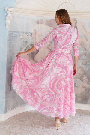 Aster Dress Shirt Collar 3/4 Sleeve Maxi Length Cotton Musola (Pucciesque Graphic)