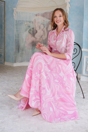 Aster Dress Shirt Collar 3/4 Sleeve Maxi Length Cotton Musola (Pucciesque Graphic)