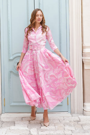 Aster Dress Shirt Collar 3/4 Sleeve Maxi Length Cotton Musola (Pucciesque Graphic)