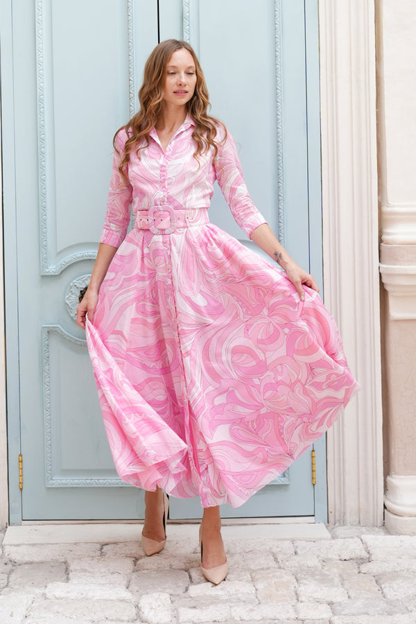 Aster Dress Shirt Collar 3/4 Sleeve Maxi Length Cotton Musola (Pucciesque Graphic)