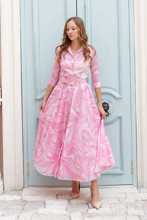 Aster Dress Shirt Collar 3/4 Sleeve Maxi Length Cotton Musola (Pucciesque Graphic)