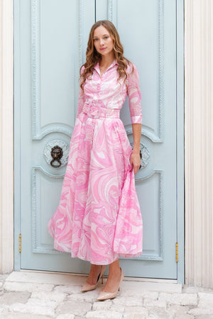 Aster Dress Shirt Collar 3/4 Sleeve Maxi Length Cotton Musola (Pucciesque Graphic)