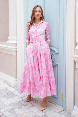 Aster Dress Shirt Collar 3/4 Sleeve Maxi Length Cotton Musola (Pucciesque Graphic)