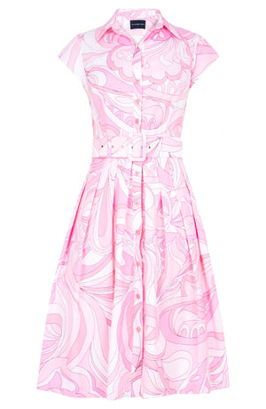 Audrey Dress #1 Shirt Collar Cap Sleeve Long Length Cotton Stretch (Pucciesque Graphic)