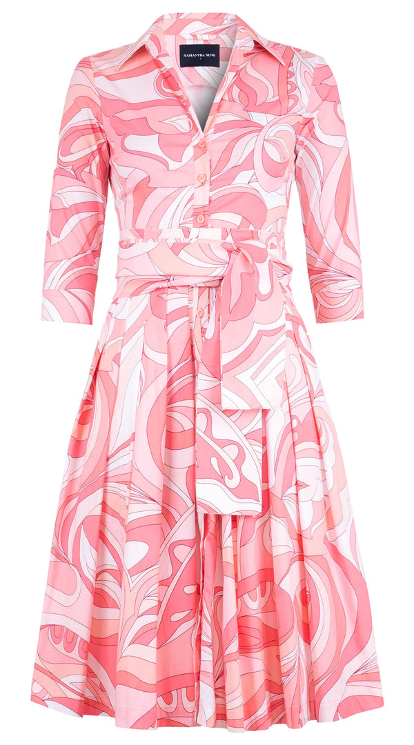 Audrey Dress #2 Shirt Collar 3/4 Sleeve Long Length Cotton Stretch (Pucciesque Graphic)