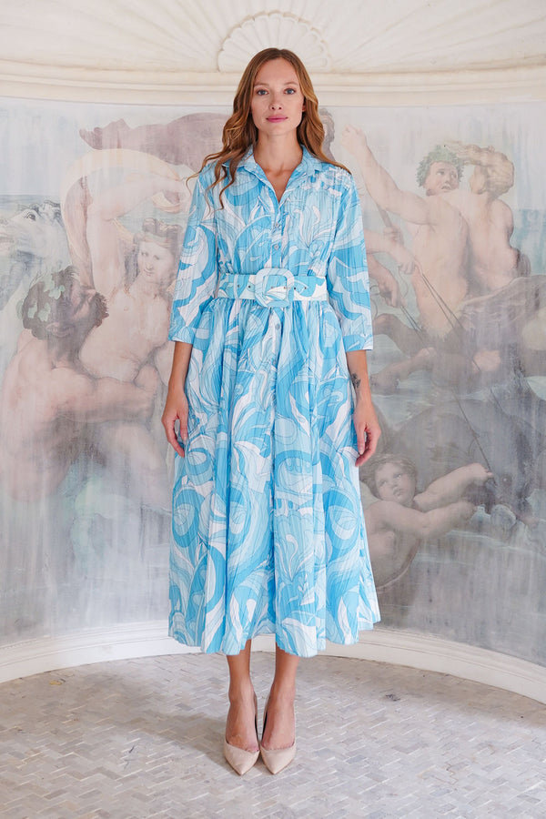 Terry Dress Shirt Collar 3/4 Sleeve Midi Plus Length Poliamide Taffta (Pucciesque Graphic)