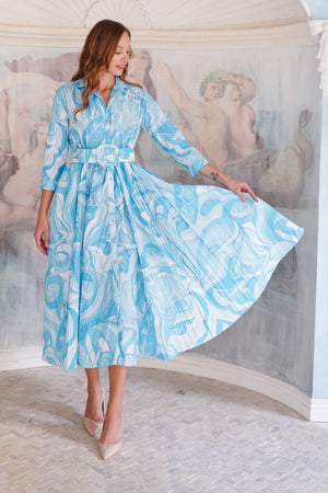 Terry Dress Shirt Collar 3/4 Sleeve Midi Plus Length Poliamide Taffta (Pucciesque Graphic)