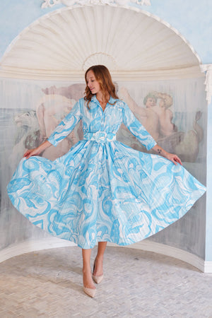 Terry Dress Shirt Collar 3/4 Sleeve Midi Plus Length Poliamide Taffta (Pucciesque Graphic)