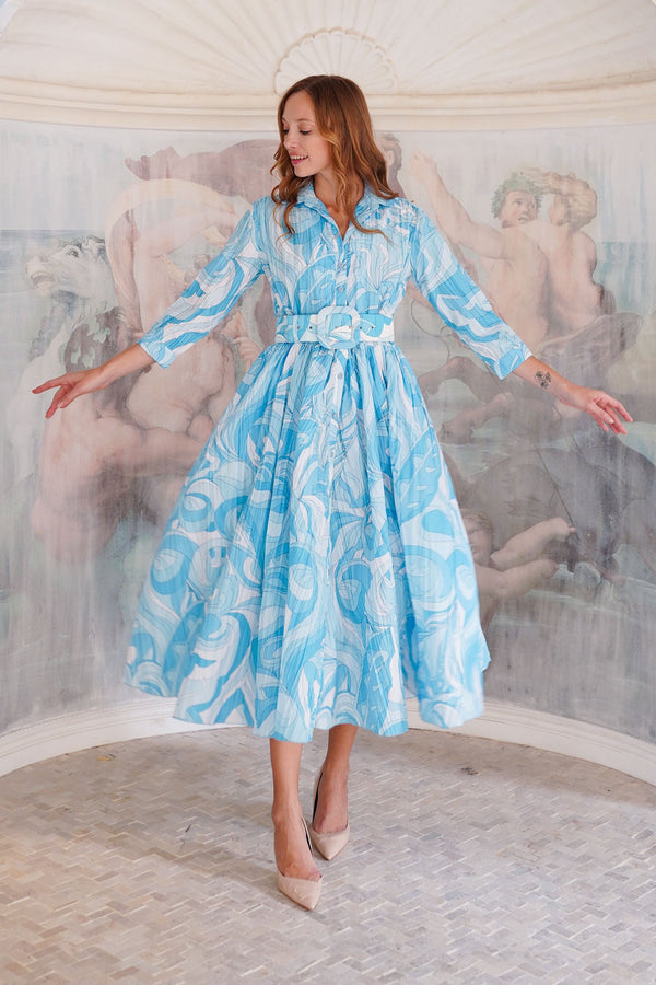 Terry Dress Shirt Collar 3/4 Sleeve Midi Plus Length Poliamide Taffta (Pucciesque Graphic)