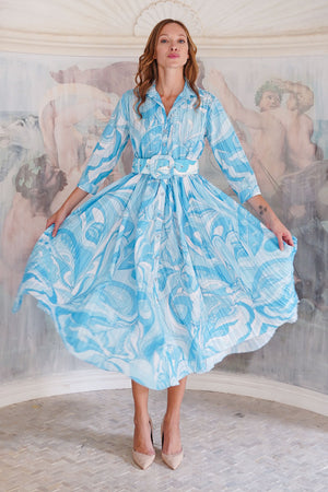 Terry Dress Shirt Collar 3/4 Sleeve Midi Plus Length Poliamide Taffta (Pucciesque Graphic)