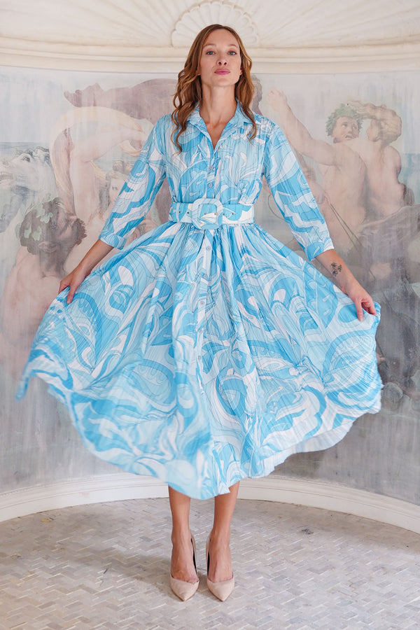 Terry Dress Shirt Collar 3/4 Sleeve Midi Plus Length Poliamide Taffta (Pucciesque Graphic)