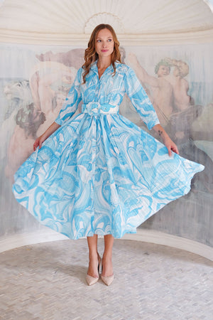 Terry Dress Shirt Collar 3/4 Sleeve Midi Plus Length Poliamide Taffta (Pucciesque Graphic)