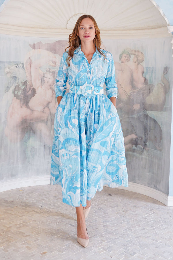 Terry Dress Shirt Collar 3/4 Sleeve Midi Plus Length Poliamide Taffta (Pucciesque Graphic)