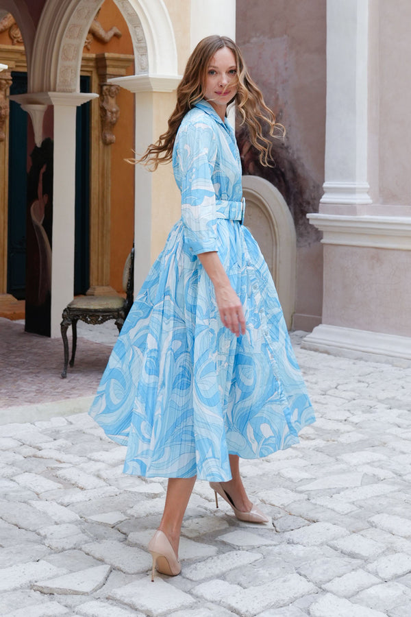 Terry Dress Shirt Collar 3/4 Sleeve Midi Plus Length Poliamide Taffta (Pucciesque Graphic)