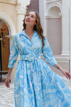 Terry Dress Shirt Collar 3/4 Sleeve Midi Plus Length Poliamide Taffta (Pucciesque Graphic)