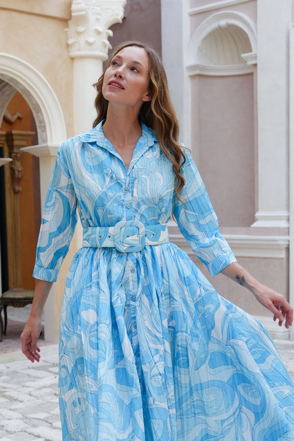 Terry Dress Shirt Collar 3/4 Sleeve Midi Plus Length Poliamide Taffta (Pucciesque Graphic)