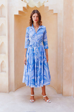 Aster Dress Shirt Collar 3/4 Sleeve Midi Length Cotton Musola (Pucciesque Graphic)