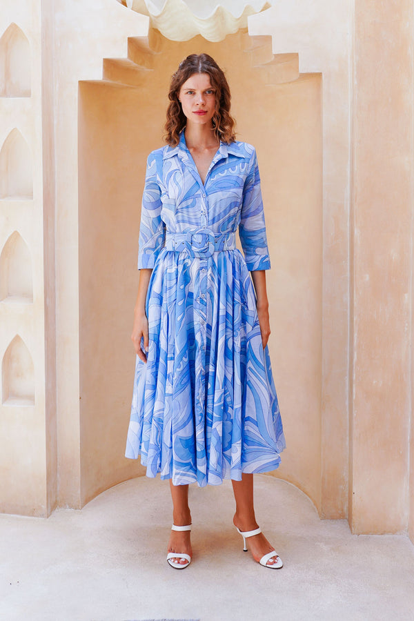Aster Dress Shirt Collar 3/4 Sleeve Midi Length Cotton Musola (Pucciesque Graphic)
