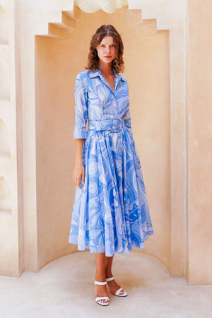 Aster Dress Shirt Collar 3/4 Sleeve Midi Length Cotton Musola (Pucciesque Graphic)