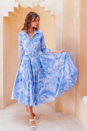 Aster Dress Shirt Collar 3/4 Sleeve Midi Length Cotton Musola (Pucciesque Graphic)