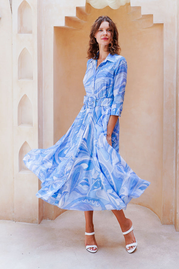 Aster Dress Shirt Collar 3/4 Sleeve Midi Length Cotton Musola (Pucciesque Graphic)