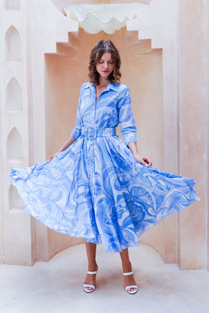 Aster Dress Shirt Collar 3/4 Sleeve Midi Length Cotton Musola (Pucciesque Graphic)