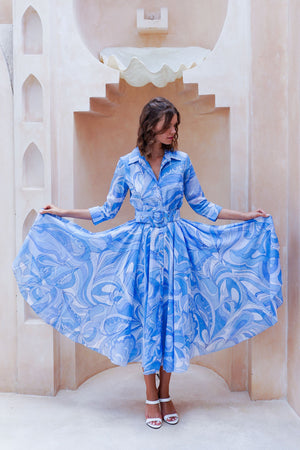 Aster Dress Shirt Collar 3/4 Sleeve Midi Length Cotton Musola (Pucciesque Graphic)