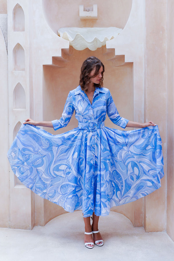 Aster Dress Shirt Collar 3/4 Sleeve Midi Length Cotton Musola (Pucciesque Graphic)