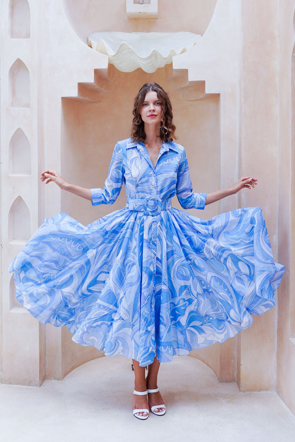 Aster Dress Shirt Collar 3/4 Sleeve Midi Length Cotton Musola (Pucciesque Graphic)