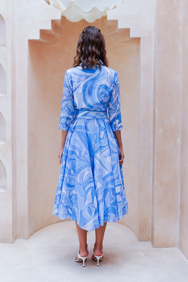 Aster Dress Shirt Collar 3/4 Sleeve Midi Length Cotton Musola (Pucciesque Graphic)