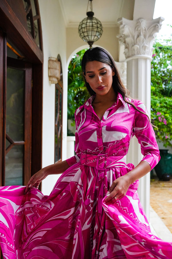 Aster Dress Shirt Collar 3/4 Sleeve Midi Length Cotton Musola (Pucciesque Africani)