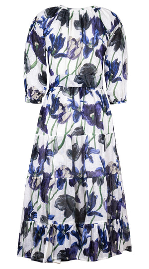 Eva Dress Crew Neck Tie 3/4 Sleeve Midi Plus Length Linen (Rambrandt Tulip)
