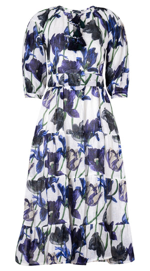 Eva Dress Crew Neck Tie 3/4 Sleeve Midi Plus Length Linen (Rambrandt Tulip)