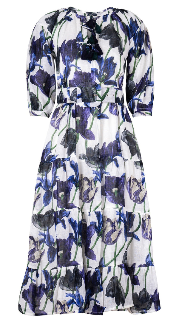 Eva Dress Crew Neck Tie 3/4 Sleeve Midi Plus Length Linen (Rambrandt Tulip)
