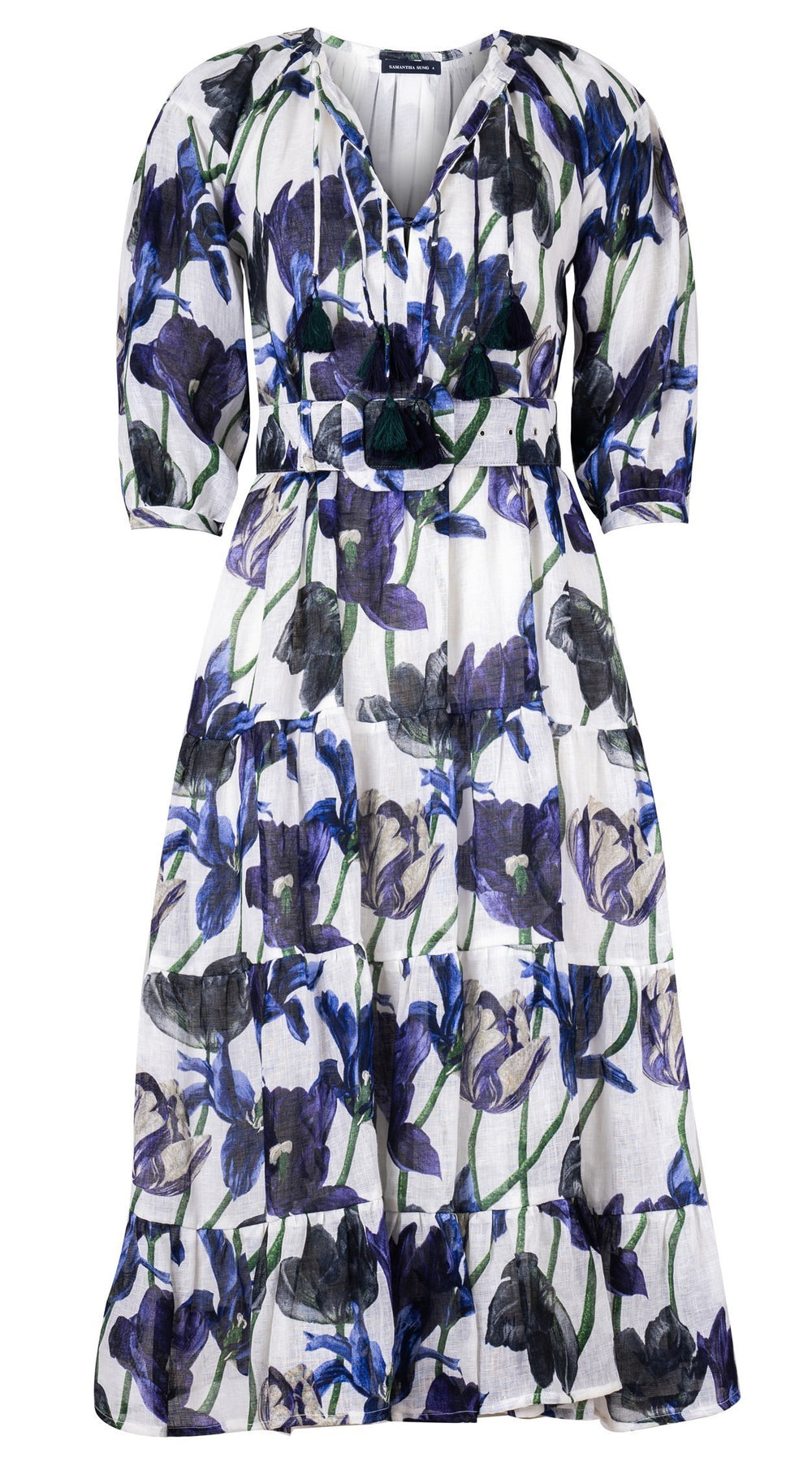 Eva Dress Crew Neck Tie 3/4 Sleeve Midi Plus Length Linen (Rambrandt Tulip)
