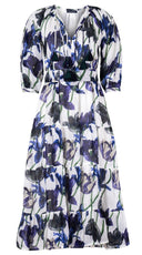 Eva Dress Crew Neck Tie 3/4 Sleeve Midi Plus Length Linen (Rambrandt Tulip)