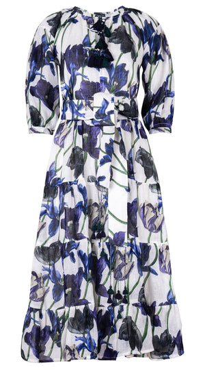 Eva Dress Crew Neck Tie 3/4 Sleeve Midi Plus Length Linen (Rambrandt Tulip)