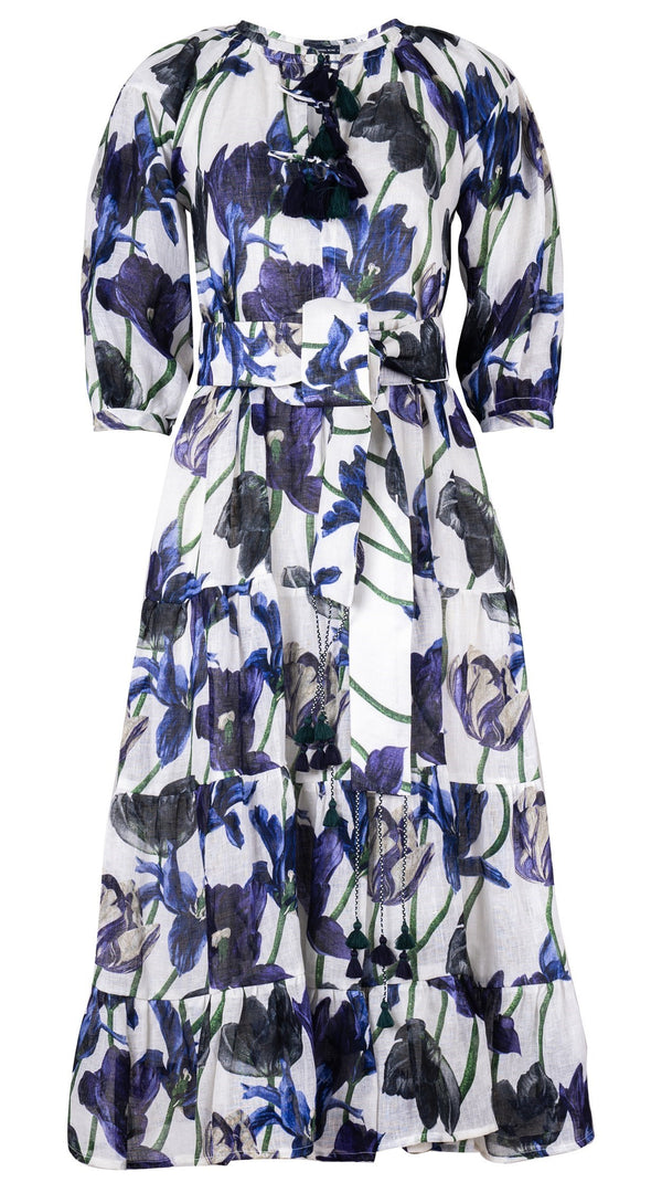 Eva Dress Crew Neck Tie 3/4 Sleeve Midi Plus Length Linen (Rambrandt Tulip)