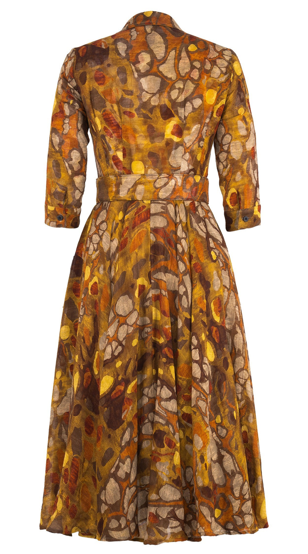 Audrey Dress #4 Shirt Collar 3/4 Sleeve Midi Length Wool (Rangford Marble) - Camel Yellow