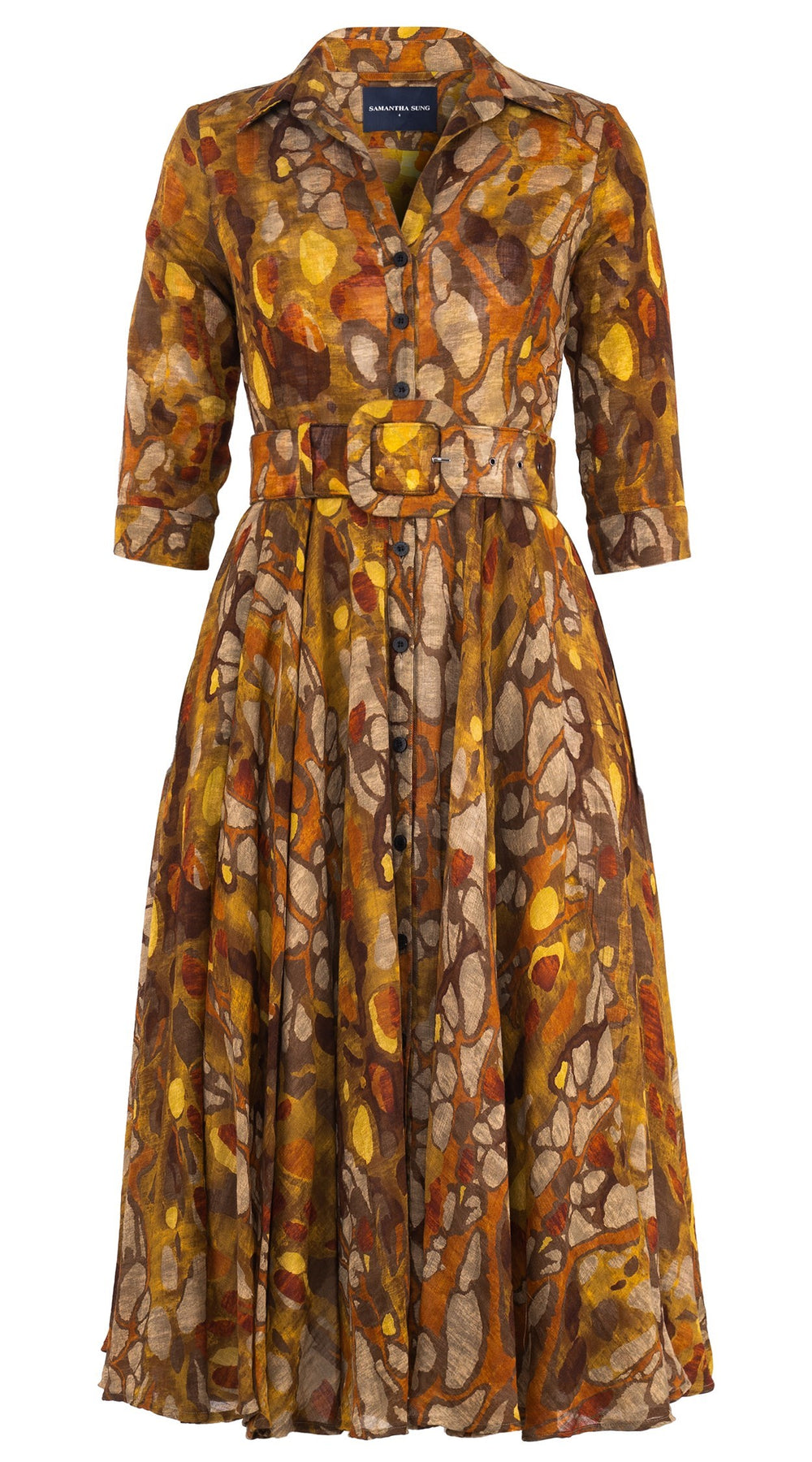 Audrey Dress #4 Shirt Collar 3/4 Sleeve Midi Length Wool Musola (Rangford Marble) - Camel Yellow