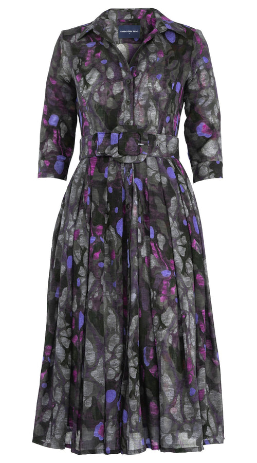 Audrey Dress #4 Shirt Collar 3/4 Sleeve Midi Length Wool Musola (Rangford Marble) - Grey Lilac
