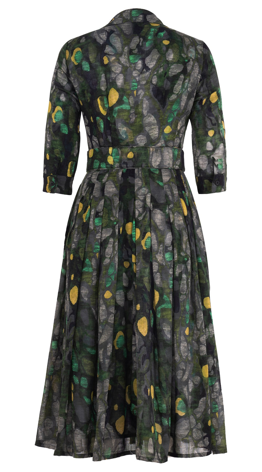 Audrey Dress #4 Shirt Collar 3/4 Sleeve Midi Length Wool (Rangford Marble) - Taupe Green