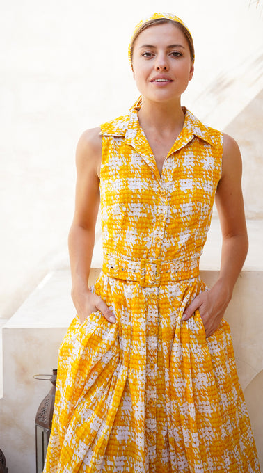 Audrey Dress #4 Shirt Collar Sleeveless Midi Length Cotton Musola (Ratan Houndstooth)