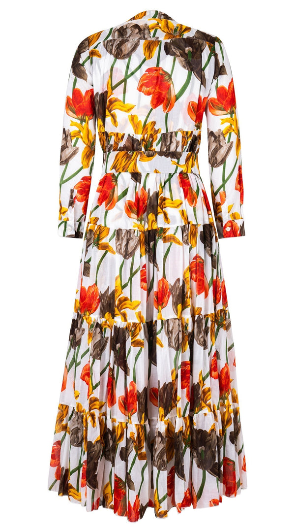 Eva Dress High V Neck Long Sleeve Maxi Length Cotton Musola (Rambrandt Tulip)